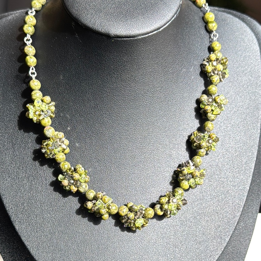Green Unakite & Crystal Cluster Bead Necklace